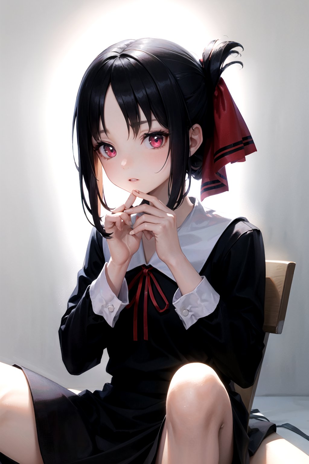 //Quality,
masterpiece, best quality
,//Character,
1girl, solo
,//Fashion, 
,//Background,
white_background
,//Others,
,spread legs, 
,shinomiya_kaguya,((black dark gradient hair:1.5)), gradient eyes, mascara, parted lips, parted bangs, ribbon, red ribbon, hair ribbon, folded ponytail, dress, black dress, school uniform, long sleeves, neck ribbon