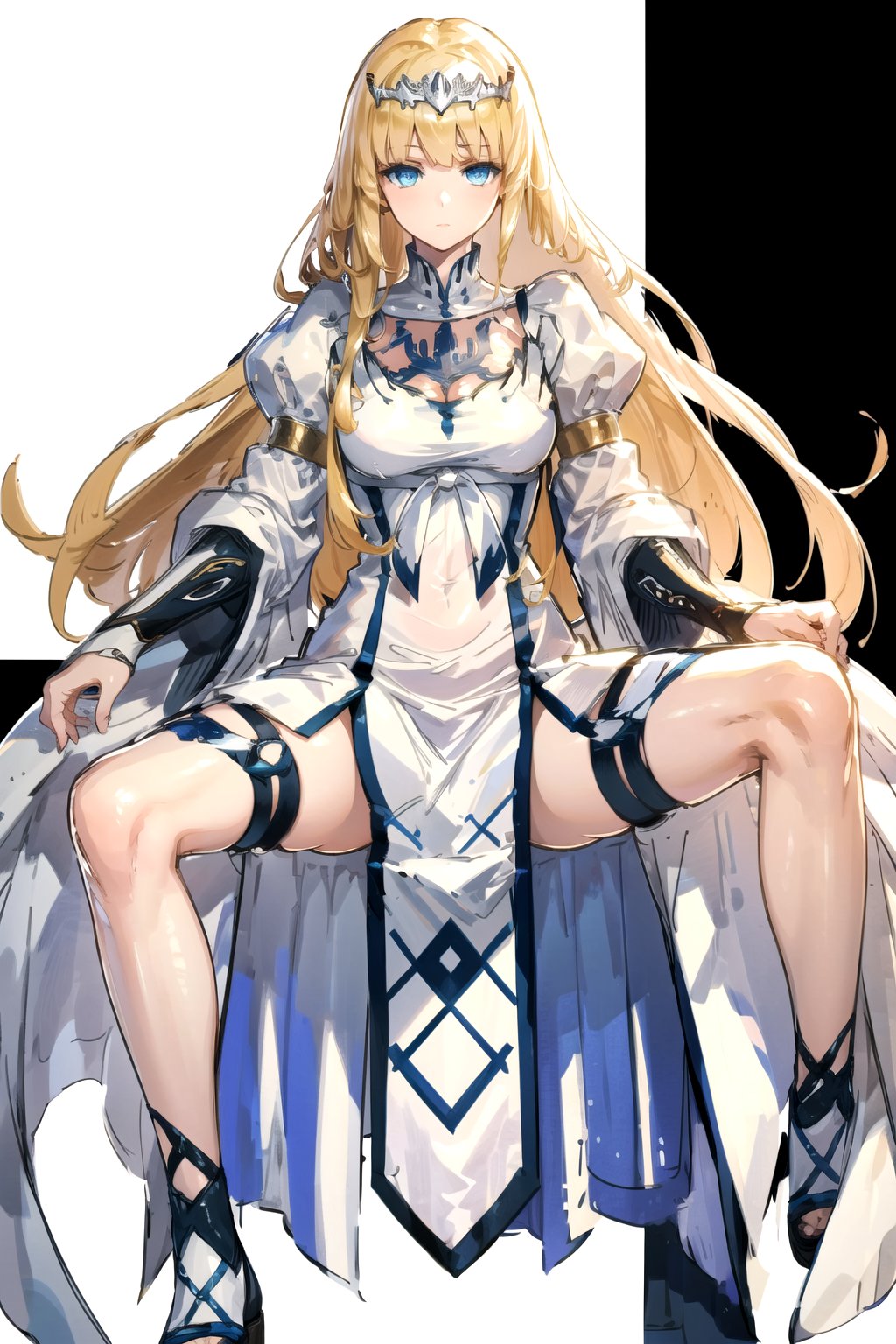 //Quality,
masterpiece, best quality
,//Character,
1girl, solo
,//Fashion, 
,//Background,
white_background
,//Others,
,spread legs, 
Calca, blonde hair, long hair, white tiara, white dress, blue eyes