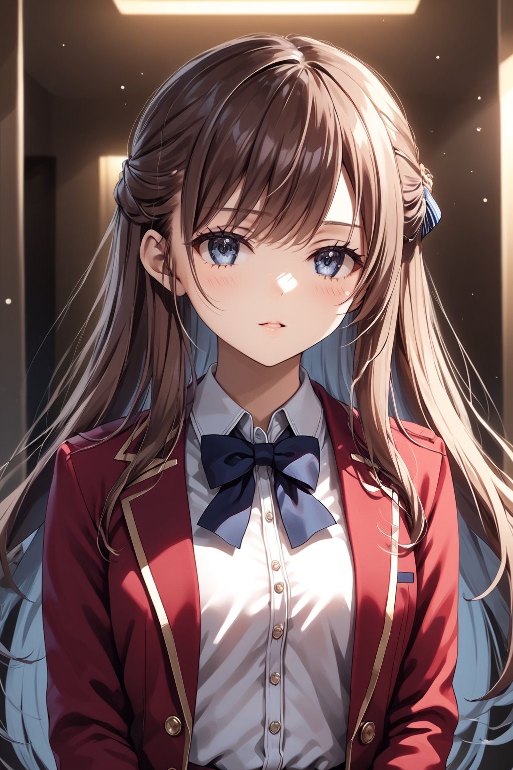 masterpiece, best quality, 8k, 8k UHD, ultra-high resolution, ultra-high definition, highres, cinematic lighting
,//Character, 
1girl, solo, chiaki matsushita, 1girl, brown hair, long hair, blue eyes, bangs, very long hair
,//Fashion, 
white shirt, red jacket, bowtie, pleated_skirt
,//Background, 
,//Others, ,Expressiveh