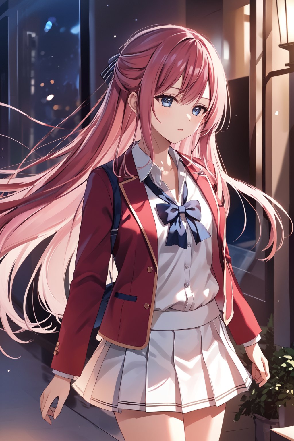 masterpiece, best quality, 8k, 8k UHD, ultra-high resolution, ultra-high definition, highres, cinematic lighting
,//Character, 
1girl, solo, honami ichinose, 1girl, long hair, blue eyes, pink hair, bangs, very long hair, hair between eyes
,//Fashion, 
white shirt, red jacket, bowtie, pleated_skirt
,//Background, 
,//Others, ,Expressiveh