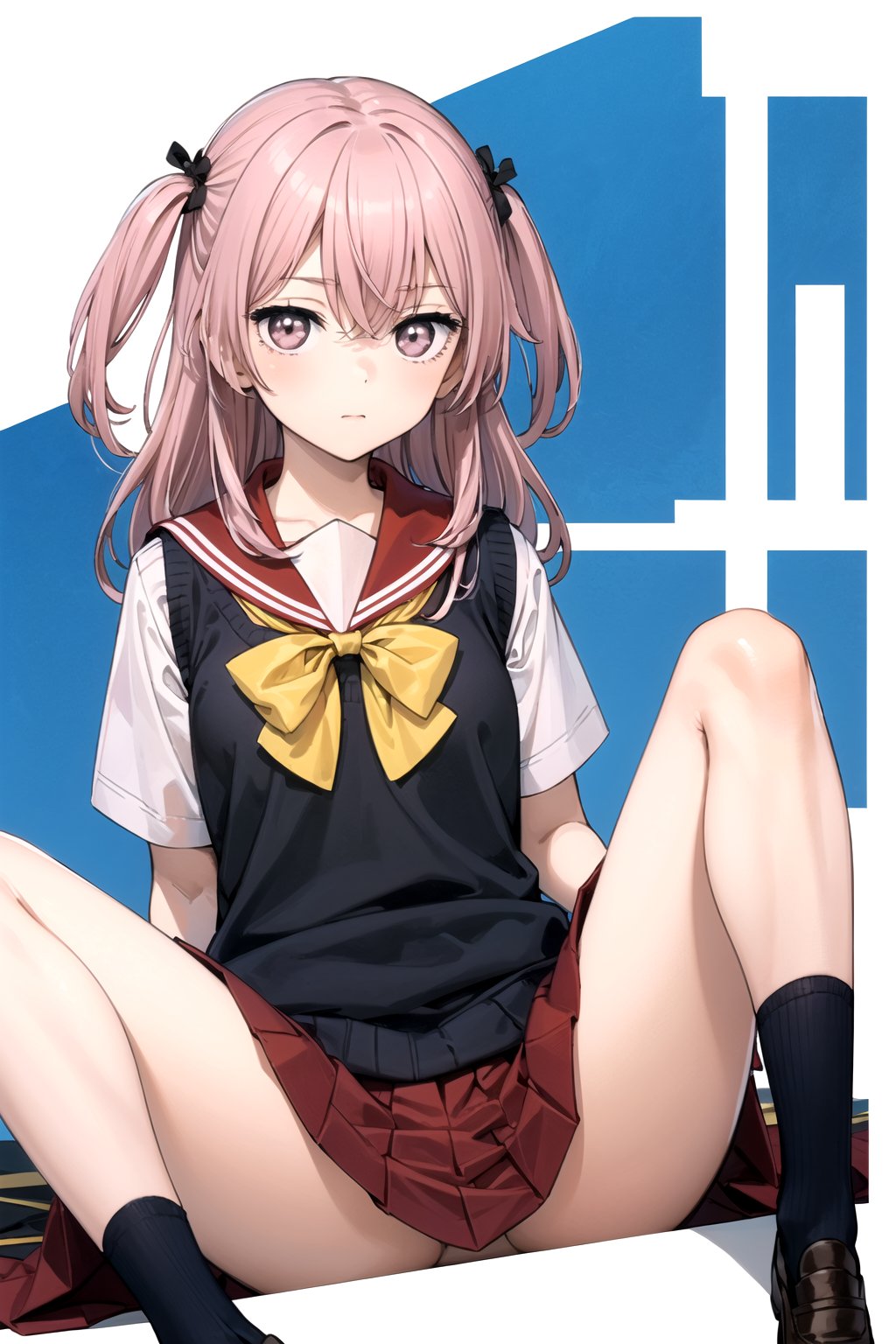 //Quality,
masterpiece, best quality
,//Character,
1girl, solo
,//Fashion, 
,//Background,
white_background
,//Others,
,spread legs, 
,inui sajuna juju,pink hair, pink eyes, long hair, two side up,school uniform, sweater vest, black vest, red sailor collar, red skirt, yellow bow