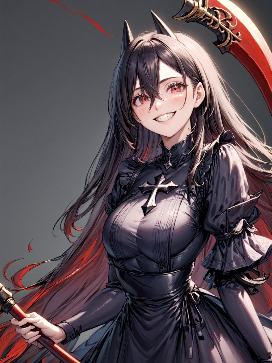 //Quality,
photo r3al, detailmaster2, masterpiece, photorealistic, 8k, 8k UHD, best quality, ultra realistic, ultra detailed, hyperdetailed photography, real photo
,//Character,
1girl, solo
,//Fashion,
,//Background,
,//Others,
,powerdef, sharp teeth, grin, holding scythe, red scythe, cross-shaped pupils