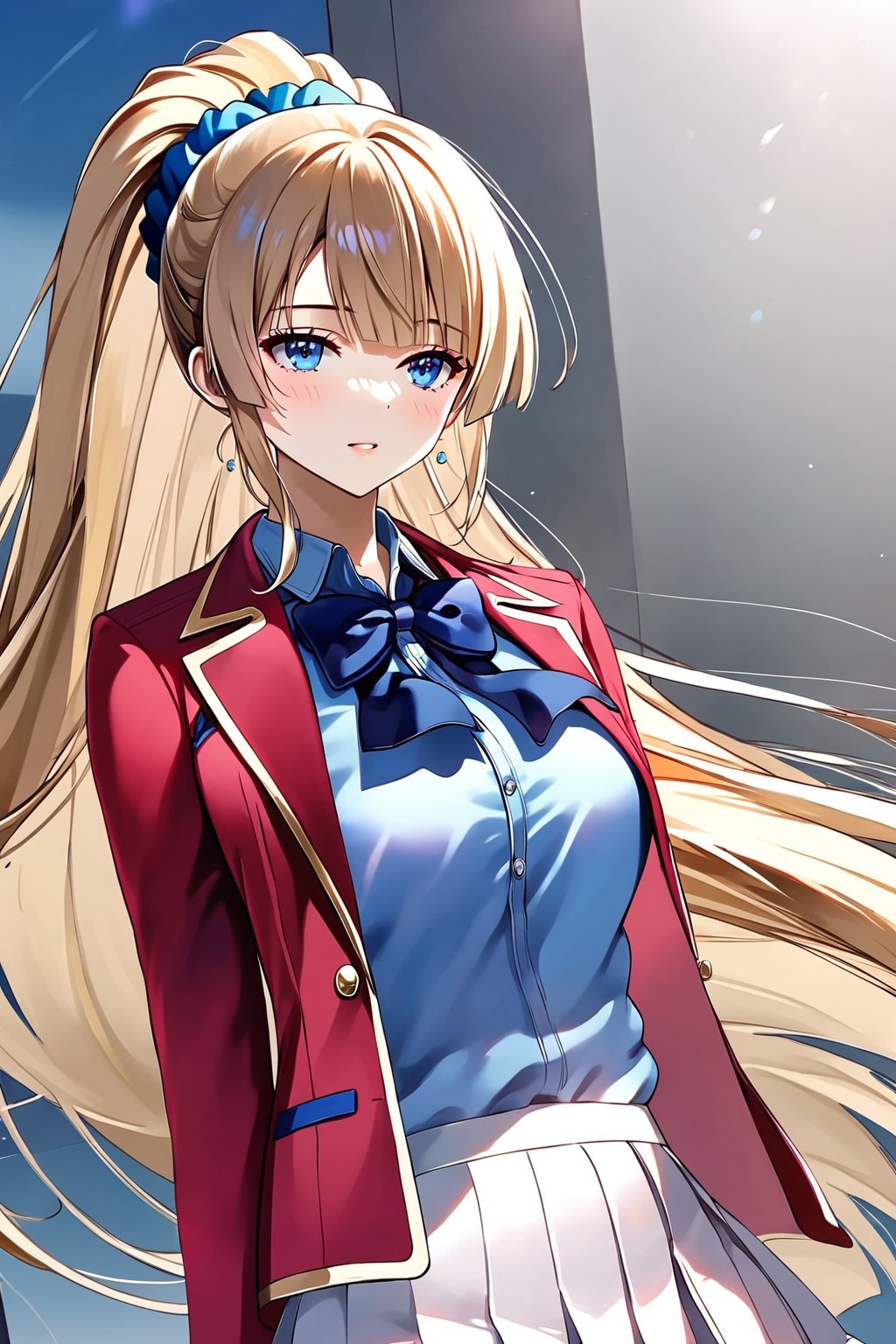 masterpiece, best quality, 8k, 8k UHD, ultra-high resolution, ultra-high definition, highres, cinematic lighting
,//Character, 
1girl, solo, long hair, scrunchie, hair scrunchie, very long hair, blue eyes, ponytail, bangshigh ponytail, blue scrunchie, brown hair, blonde hair, blunt bangsblue shirt, red jacket, bowtie, pleated_skirt
,//Fashion, 
,//Background, 
,//Others, ,Expressiveh