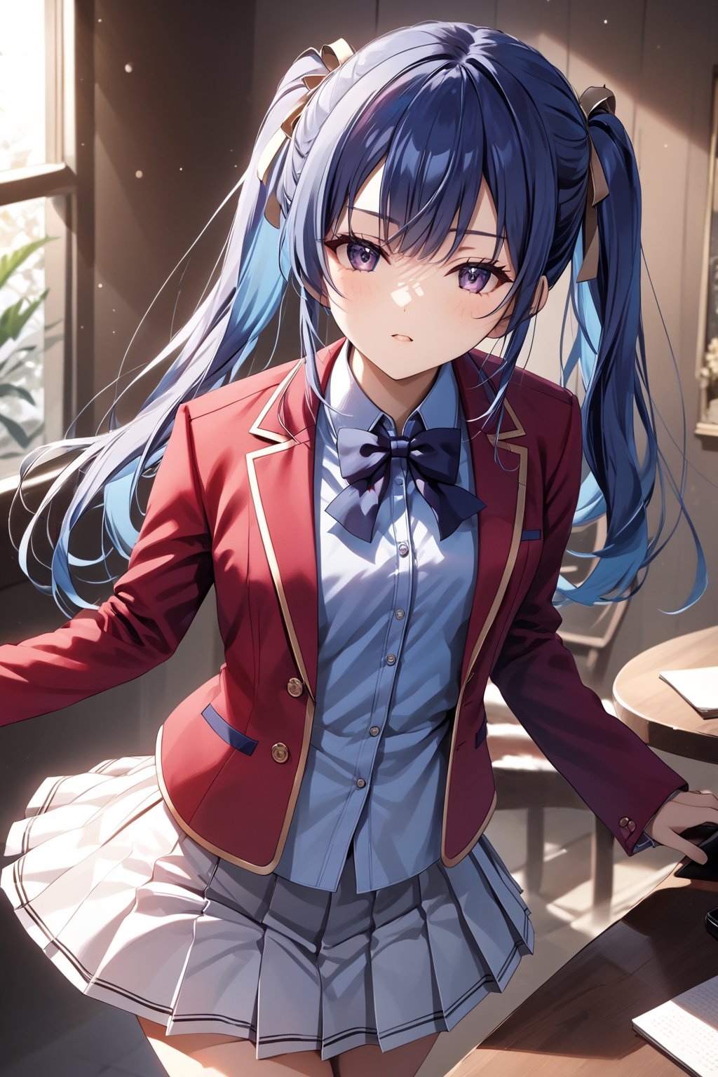 masterpiece, best quality, 8k, 8k UHD, ultra-high resolution, ultra-high definition, highres, cinematic lighting
,//Character, 
1girl, solo, mei-yu wang, 1girl, twintails, bangs, long hair, purple eyes, blue hair
,//Fashion, 
white shirt, red jacket, bowtie, pleated_skirt
,//Background, 
,//Others, ,Expressiveh