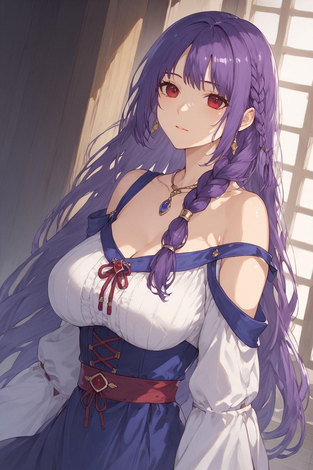 score_9,score_8_up,score_7_up,score_6_up, masterpiece, best quality, highres
,//Character, 
1girl, solo, long hair, purple hair, single braid, red eyes
,//Fashion, 

,//Background, 
,//Others, ,Expressiveh, 
A young woman in a medieval village, looking worried, surrounded by concerned villagers, dark shadows lurking in the background, ominous atmosphere,TatibanaYuStyle