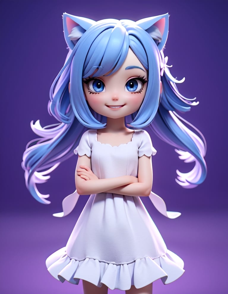 3D, render, chibi, 

1girl, solo, full body, looking at viewer, smiley face, blue eyes, cat ears, long hair, light blue hair, white dress, violet background