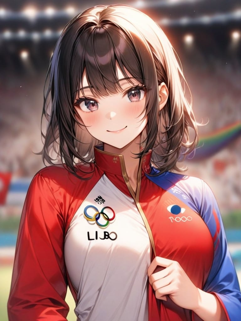 black hair, medium hair, face, 1 girl, look at viewer, smile, upper body, best quality, perfect anatomy, perfect hands, sexy lib, v-sigh, red lib, sexy face, olympic, high resoulution, korea uniform, korean girl, korean flag