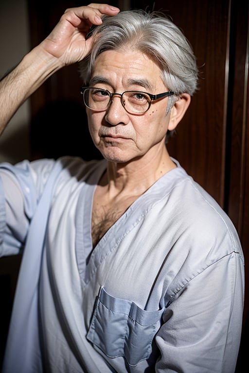 1oldman, doctor, in hospital, on glasses, look at viewer, gray hair, have little hair, korean old man, 50 years old