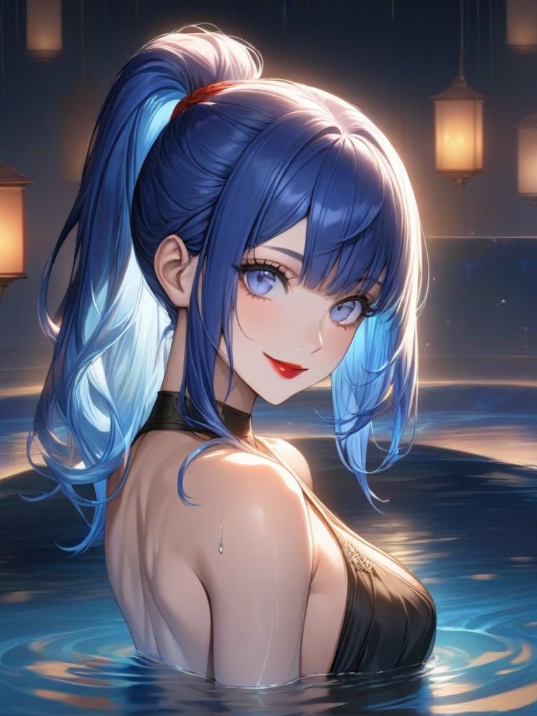 blue hair, medium ponytail hair, face, bishoujo, look at viewer, smile, water, upper body, best quality, perfect anatomy, sexy girl, red lip