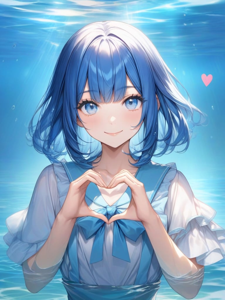 blue hair, medium hair, face, bishoujo, look at viewer, smile, water, upper body, best quality, heart hands