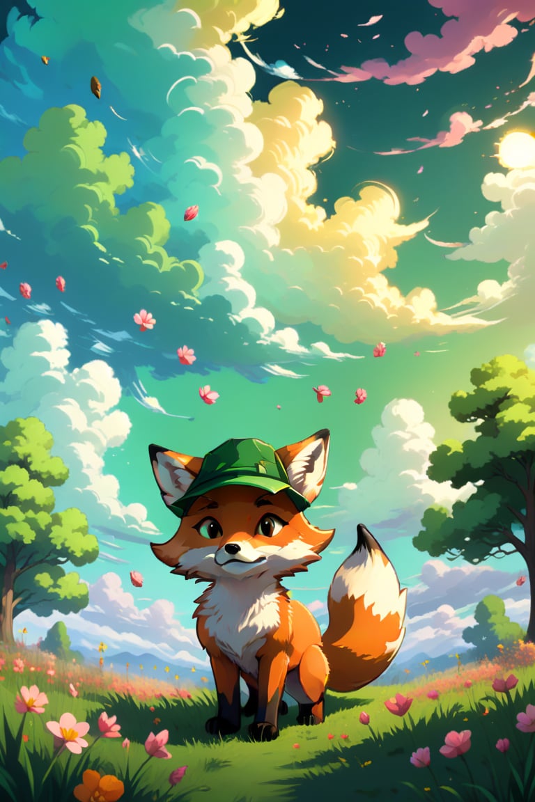 fox, outdoors, sky, cloud, tree, petals, no humans, grass, scenery, sun, field, gradient sky,Pixel art, high brightness and hyper coloured, green hat