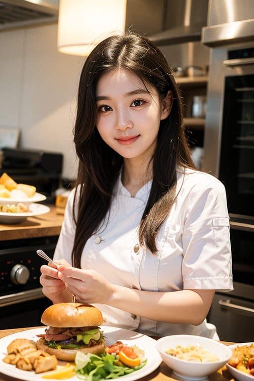 1girl, chef, fine dining, restourant, deliciouse food, look at viewer, korean girl, 20 years old, smail face, skiny