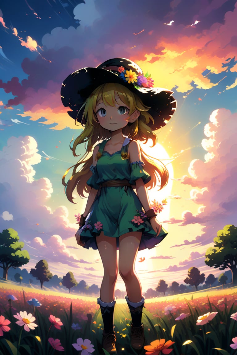 flower, outdoors, sky, cloud, tree, petals, grass, scenery, sunset, sun, field, gradient sky,Pixel art, high brightness and hyper coloured, fairy,  1girl, onepiece, hat