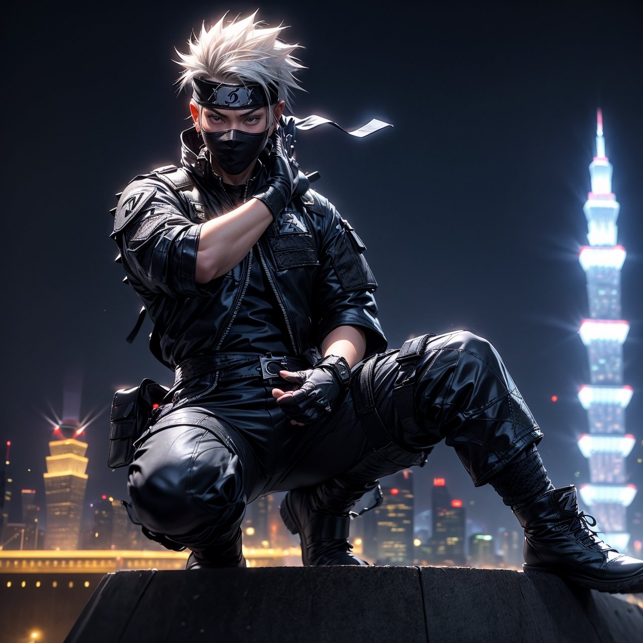 (masterpiece), full body, 1man, spiky hair, white hair, wearing tight tactical ninja flak jacket, leather tactical ninja full mouth mask, leather gloves, and his (((tactical headband with a letter ("Z") symbol))), scenery, (at Taipei 101 background), sparkle, Kakashi Hatake,PachaMeme,DrakePostingMeme