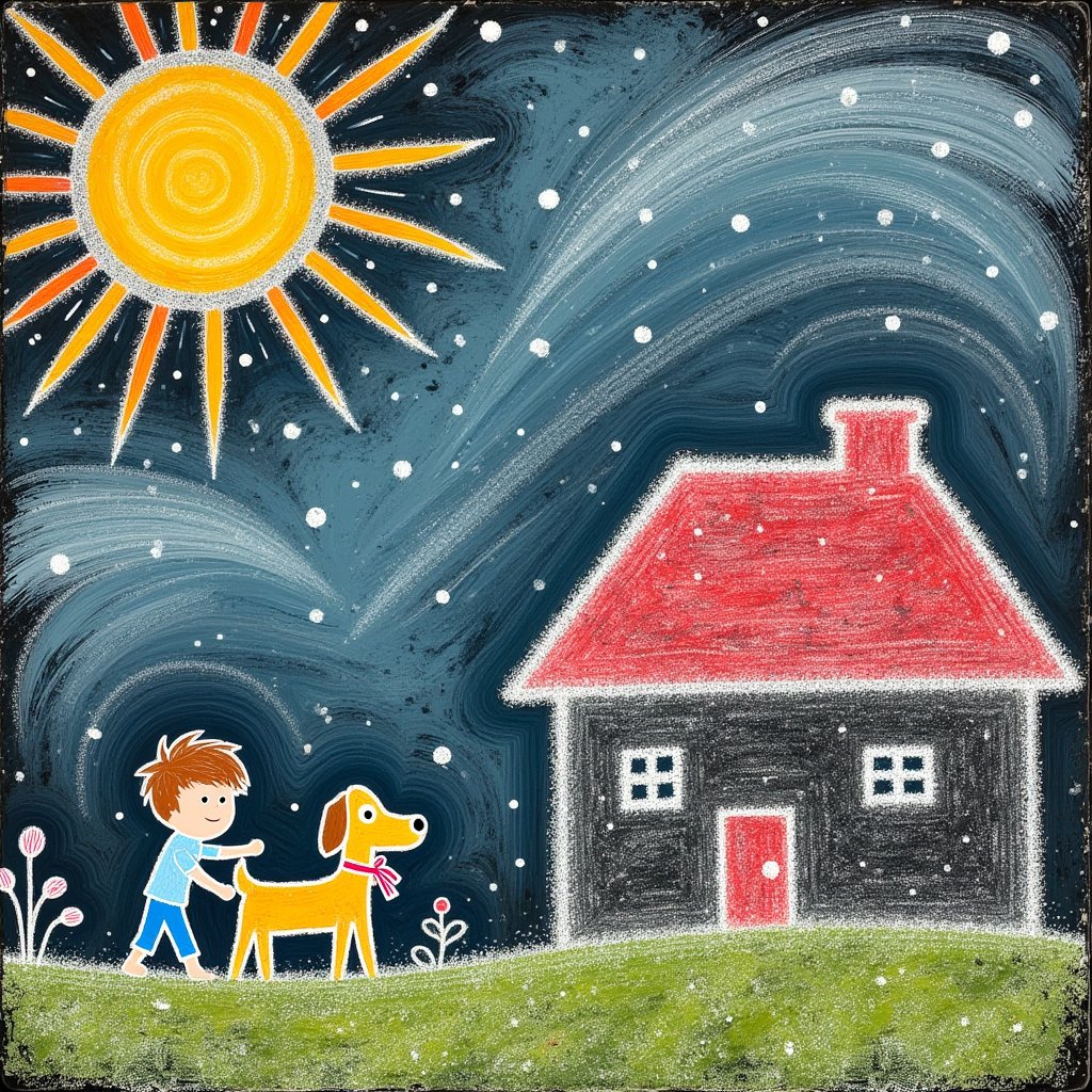 children's drawing with chalk on a board: sun, house, boy and dog,Silhuflowart