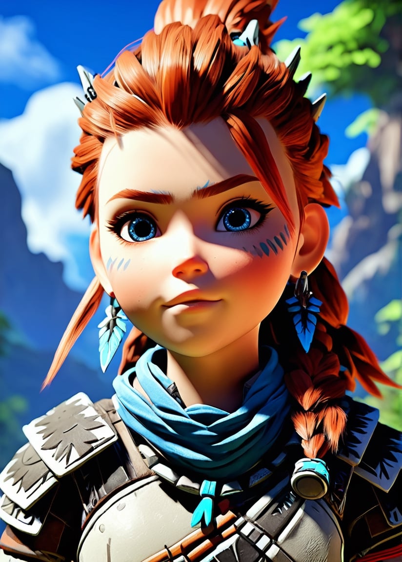 Cute cartoon Aloy from horizon zero dawn, beautiful environment 