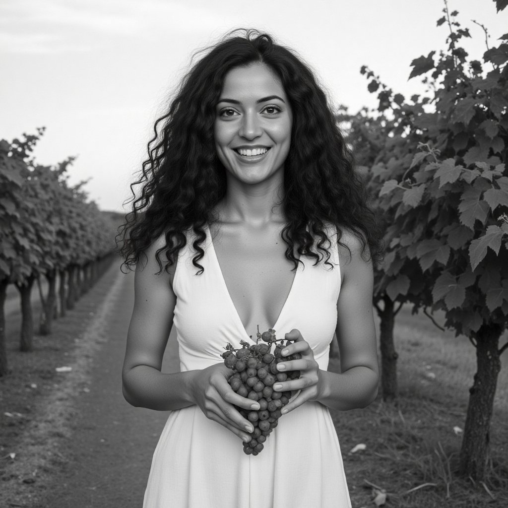 photographer Michelle Perez, Sicily, black and white photography, high contrast, 60s style, italian fashion model of the 60s, young sicilian woman 18 years old, large facial features, carefree expression, long black curly hair, in a light white open short dress, with a deep neckline, against the background of a vineyard, tenderly holding a bunch of grapes in her hands