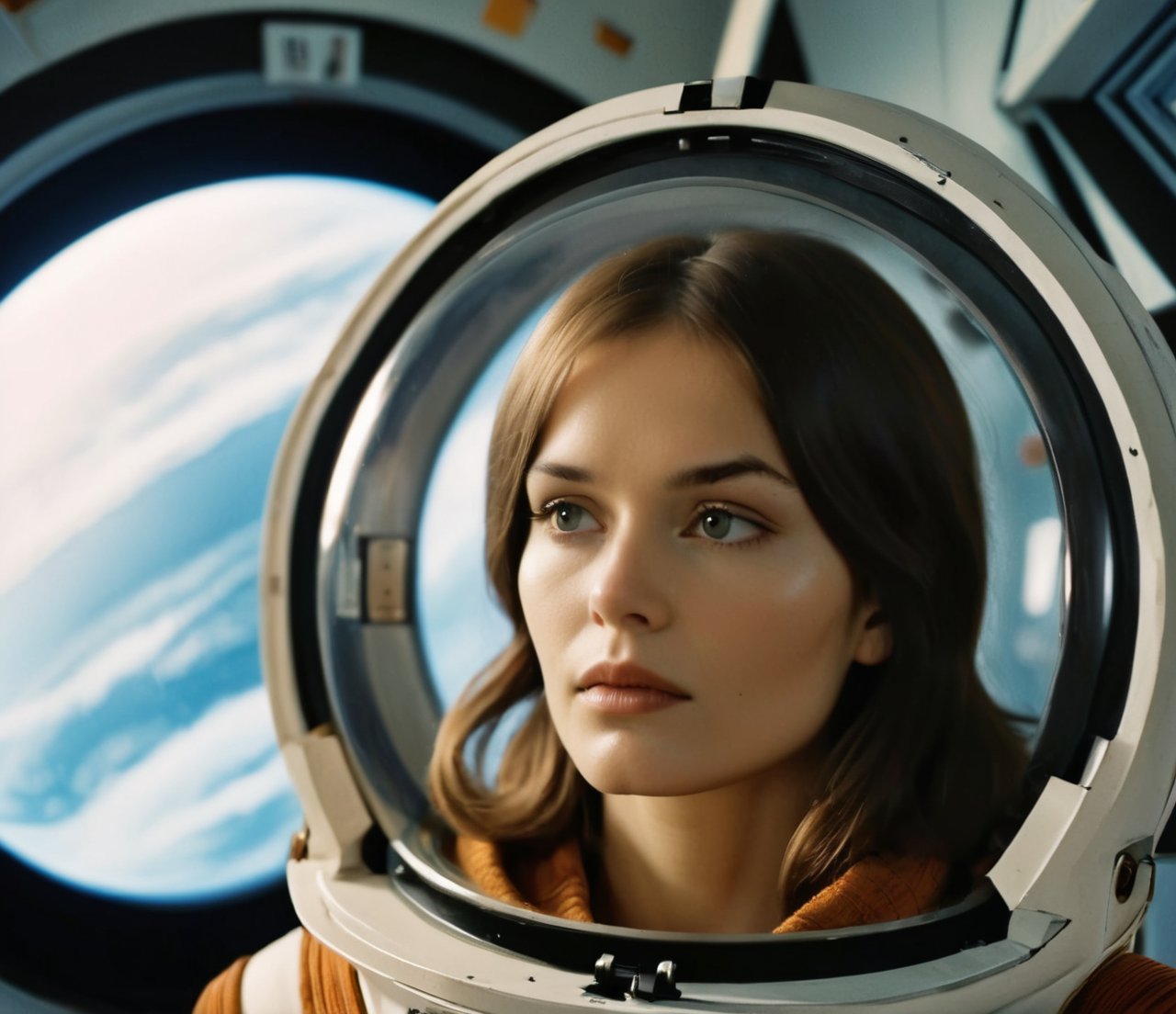 A photograph styled to mirror a 1970s cinema frame, featuring a woman who resembles someone in her youth during the 1970s, akin to Natalja Bondartschuk as Hari in Solaris. The image captures a deeply contemplative and introspective expression, reflective of the mood in Tarkovsky's film. Her gaze is thoughtful, perhaps slightly melancholic, evoking a sense of profound introspection. She has a bob cut, with her hair gently tousled by an unseen breeze. Her attire is simple yet futuristic, resonating with the aesthetic of the Solaris space station. The setting is the minimalist interior of the space station, with expansive windows opening to the cosmos. The photograph employs a 'noctilux 0.95' lens effect for a soft depth of field, and the color grading is distinctly reminiscent of 1970s cinema, adding to the cinematic quality of the image