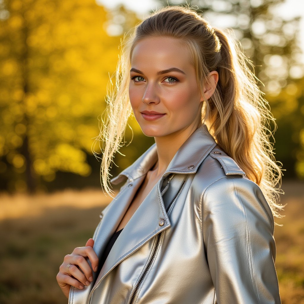a beautiful scandinavian model,  she is wearing a short mirror silver pvc trench coat,  very long straight blonde hair by...