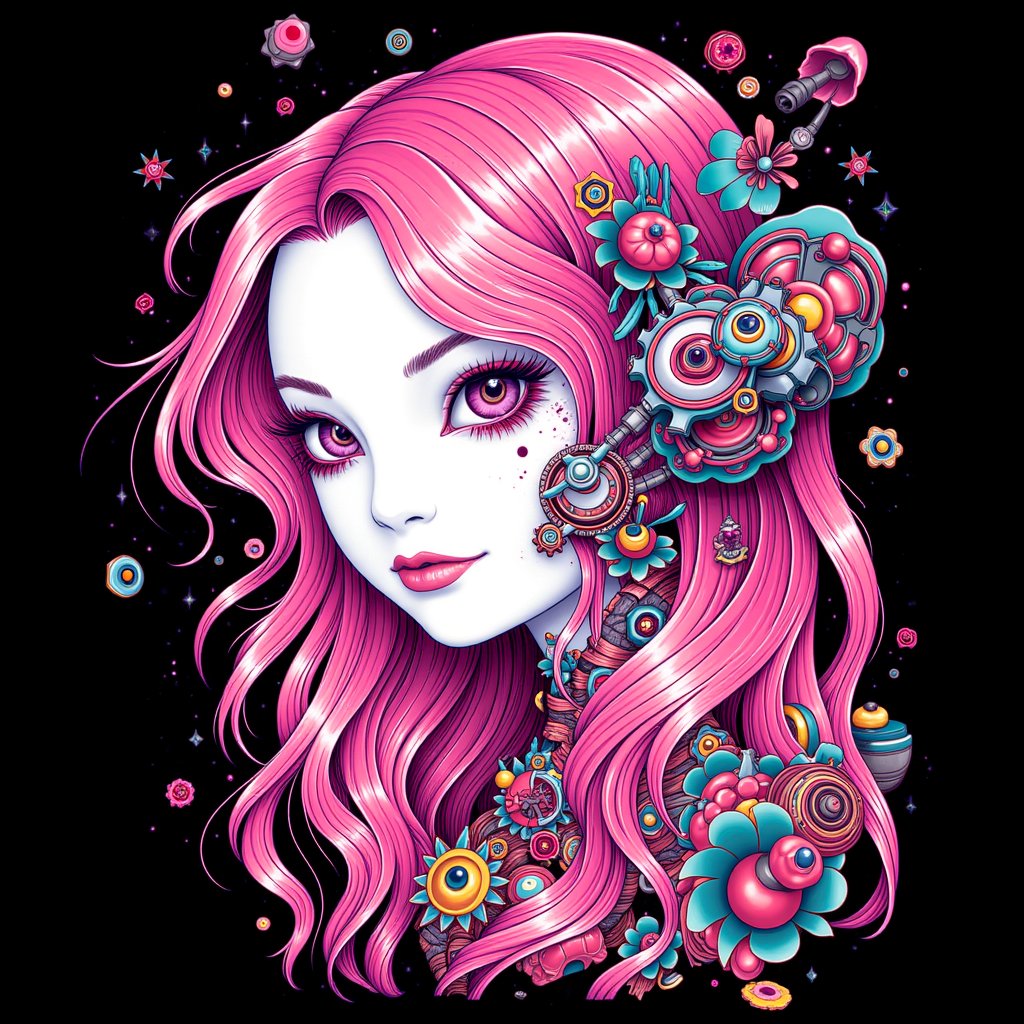 Futuristic Mechanical Elegance T-shirt design cyberpunk art, cute girl beautiful LADY, WHITE face, half body ILLUSTRATION with robotic steampunk design for old-school style tattoos, PINK HAIR, black BACKROUND, logo type , centred isometric ,JamesJean,illustration,surreal,vibrant,dreamlike,whimsical,fantasy,swirling colors,swirling patterns