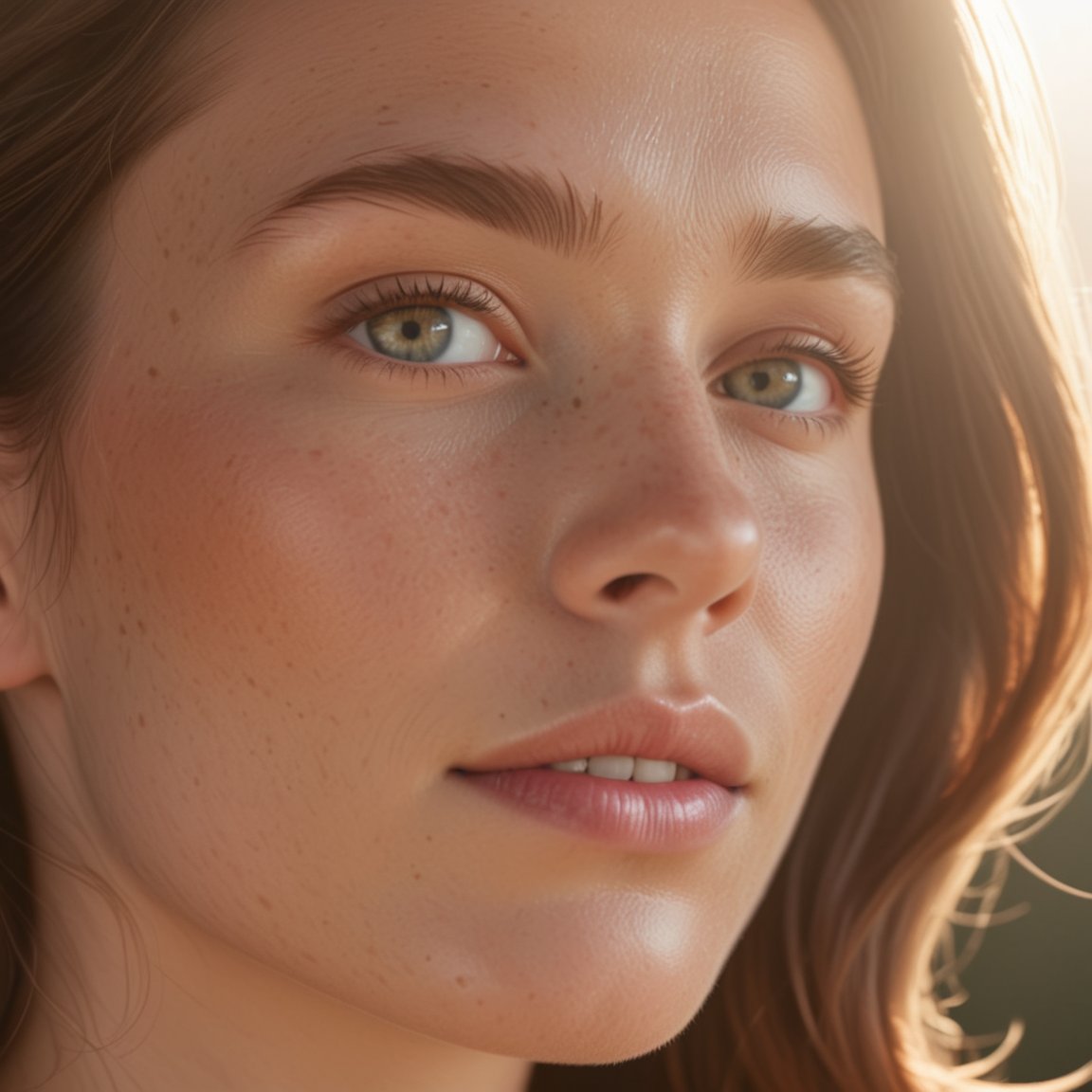 close-up portrait of a woman in a bright midday sunbeam, her skin glowing under the direct, natural light. The sunlight illuminates the fine details of her skin’s texture, highlighting every delicate pore and creating a soft, radiant sheen across her face. The natural light reveals her even, healthy complexion with soft golden undertones, while the subtle warmth of the sun enhances the vitality of her skin. Bright, minimal background complements the fresh, radiant look of her sunlit skin. Ultra-realistic, 8k, hyper-detailed, masterpiece.