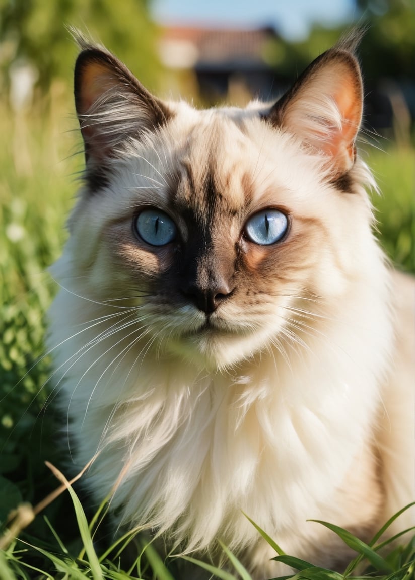 Siamese fluffy cat  close-up, grass, sunny day 