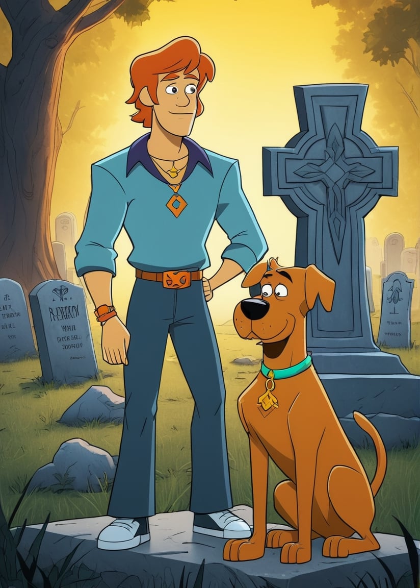 Fred from Scooby Doo with Scooby Doo in the Graveyard, comic style, bright environment, beautiful environment, high detail, cartoon, funny scene,Movie Prince Dastan