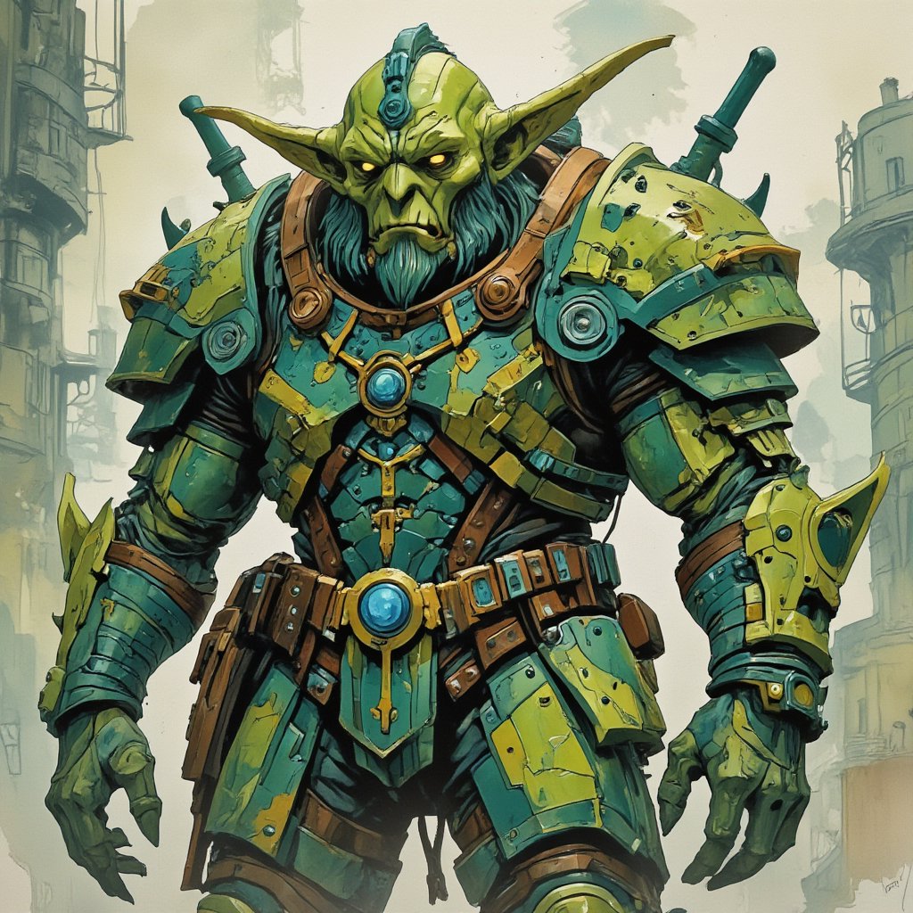 masterpiece, best quality, ultra high resolution, visually stunning, beautiful, award-winning art (abstract art: 1.3),  beautiful )))the CYBERPUNK rpg  style extremely detailed of a heavy armor mercinaries- greensceen goblin , Watercolor, trending on artstation, sharp focus, studio photo, intricate details, highly detailed, by greg rutkowski ,more detail XL,animeniji,NijiCreature,2D flat anime