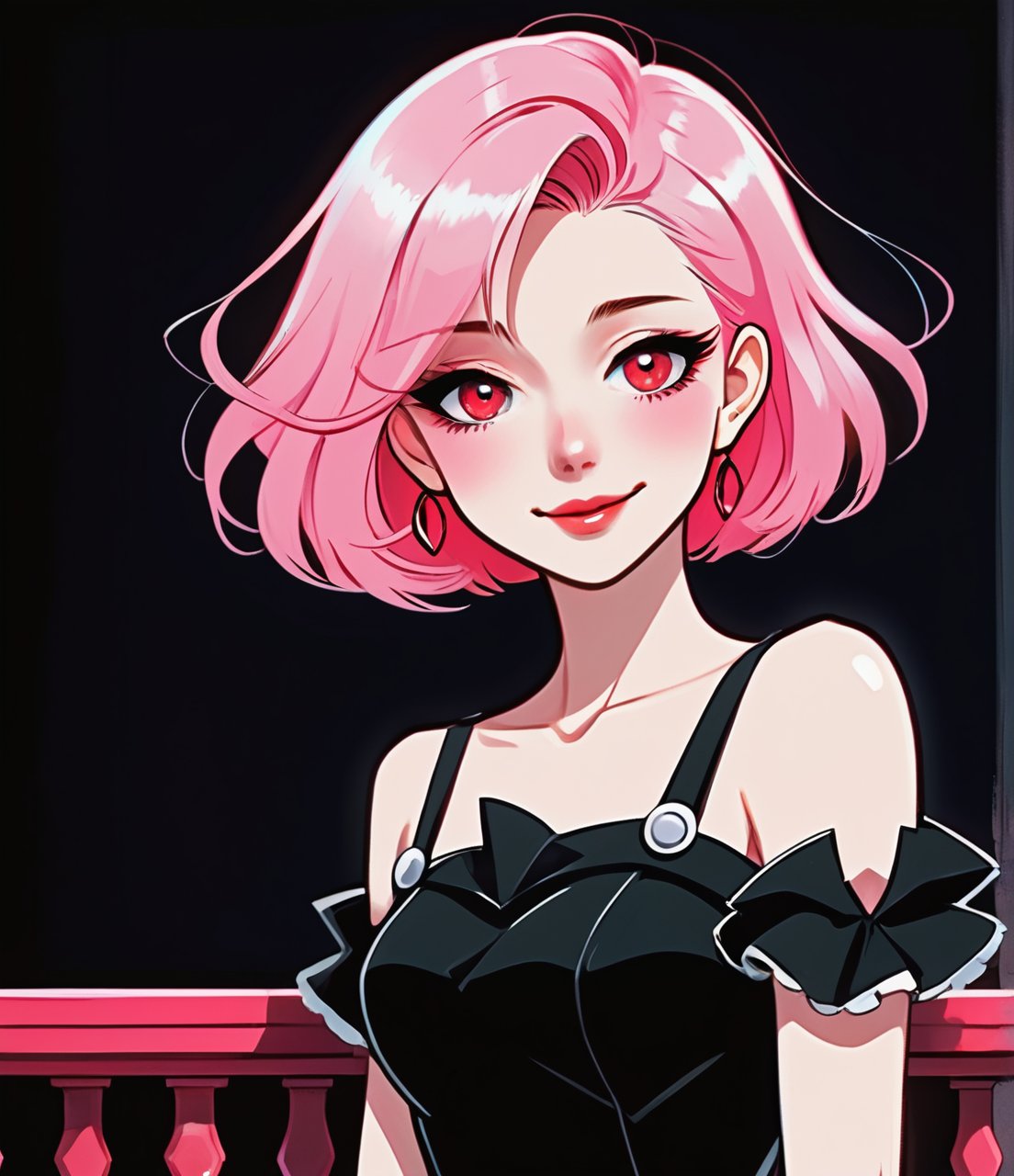 Anime artwork ,cute anime girl, solo,  white skin, blush, smooth skin, glowing skin, huge soft pink eyes, bright red glossy lips, pink hair, half turn to the viewer, eyes catch, masterpiece, best quality, dark black background, soft light on the face, flat posture , retro, 2d ,  academic anime, cute smile, pale colors, flirting gaze