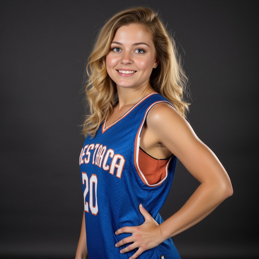 ((Generate hyper realistic full body portrait of  captivating scene featuring a stunning 20 years old girl,)) ((semi side view,)) with medium long blonde hair, flowing curls, little smile, donning a blue basketball  jersey, studio lighting,  piercing, blue eyes, photography style , Extremely Realistic,  ,photo, action shot