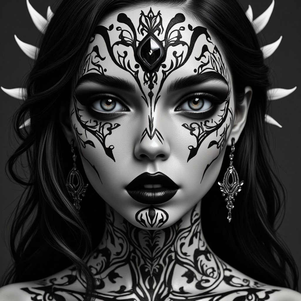 (Black and white, intricate details, close-up of a woman's face with an intricate design, 3DCGI anime fantasy artwork, necro, detailed patterned skin, abstract fragments, impressive eyes, mixed media, 3D rendering Silver painting, symmetrical beauty, ambient occlusion rendering, psytrance), Detailed Textures, high quality, high resolution, high Accuracy, realism, color correction, Proper lighting settings, harmonious composition, Behance works,ct-niji2,xxmix_girl,goth person