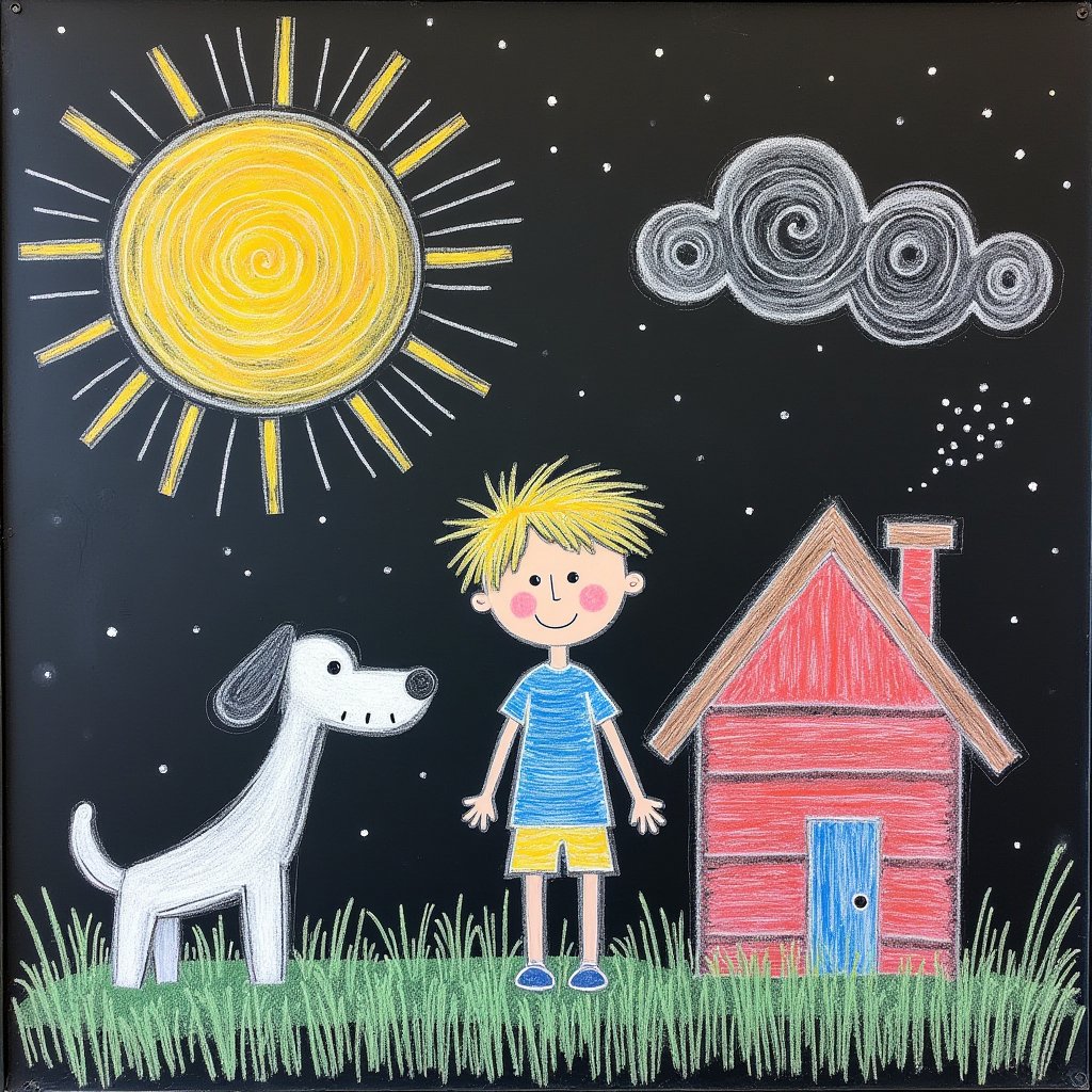 children's drawing with chalk on a board: sun, house, boy and dog,Silhuflowart