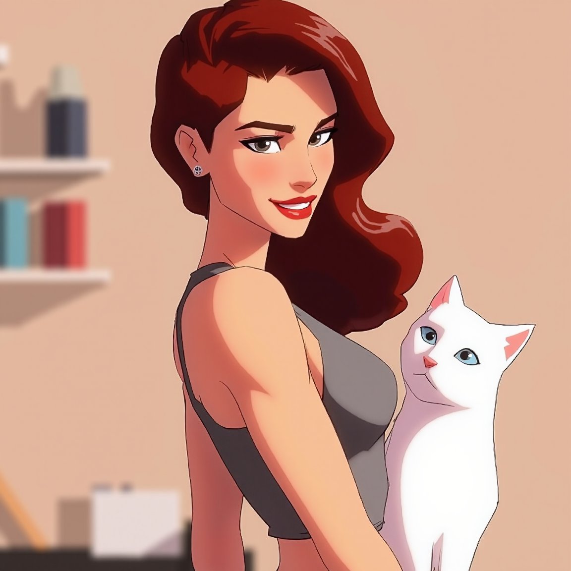 A cartoon-style action , cute  woman with dark red hair, smile, , with a white cat, .,Mh1$AgThS2,0r1g,SamYoung_Illustration