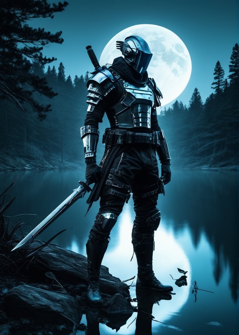 Cyberpunk knight on foot, moonlight, still water at the lake, forest, starwind