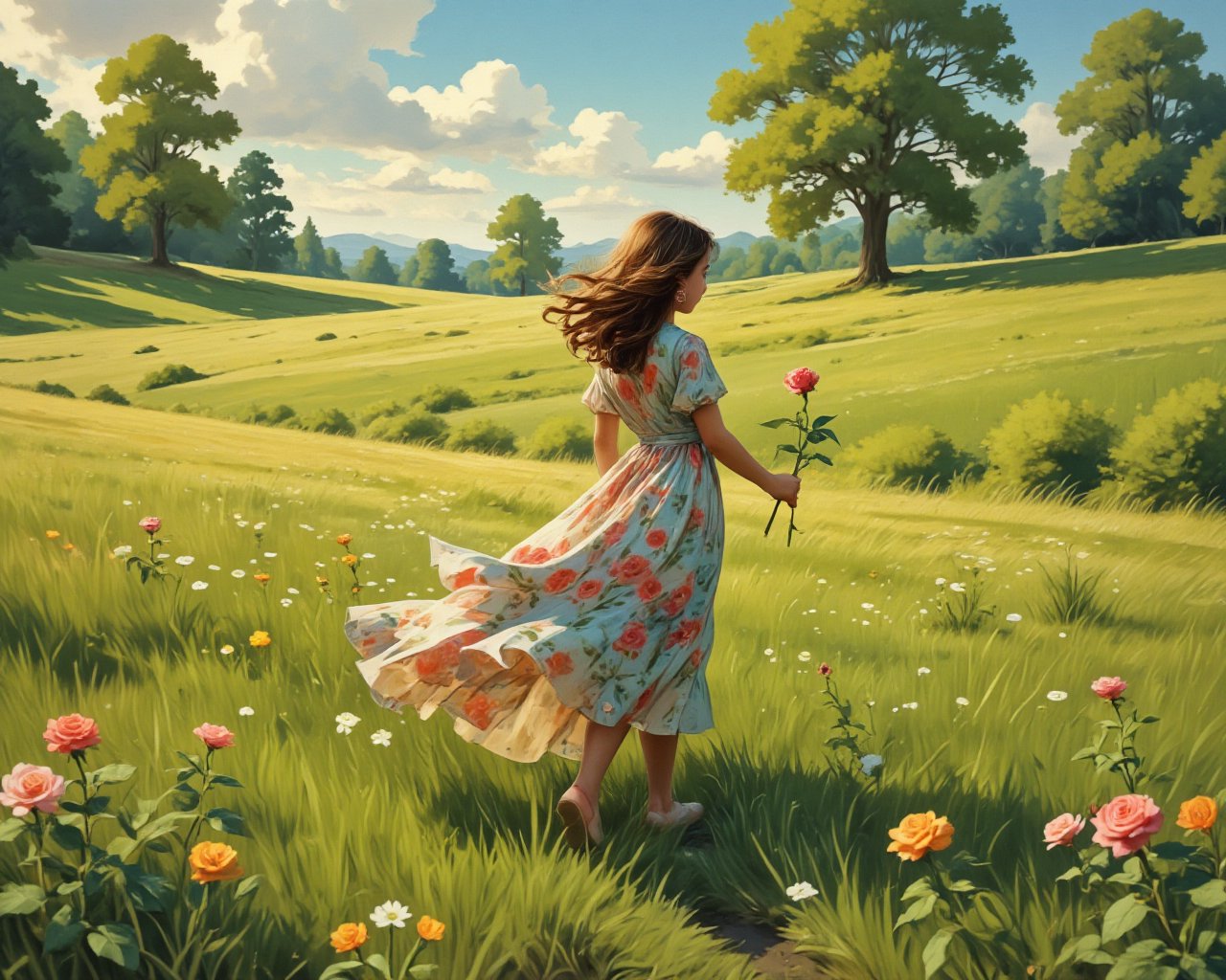 Oil painting, (girl holding a single rose), very delicate and soft lighting, details, Ultra HD, 8k, animated film, soft floral dress, walking through a meadow full of wide green grass,Beautiful girl 