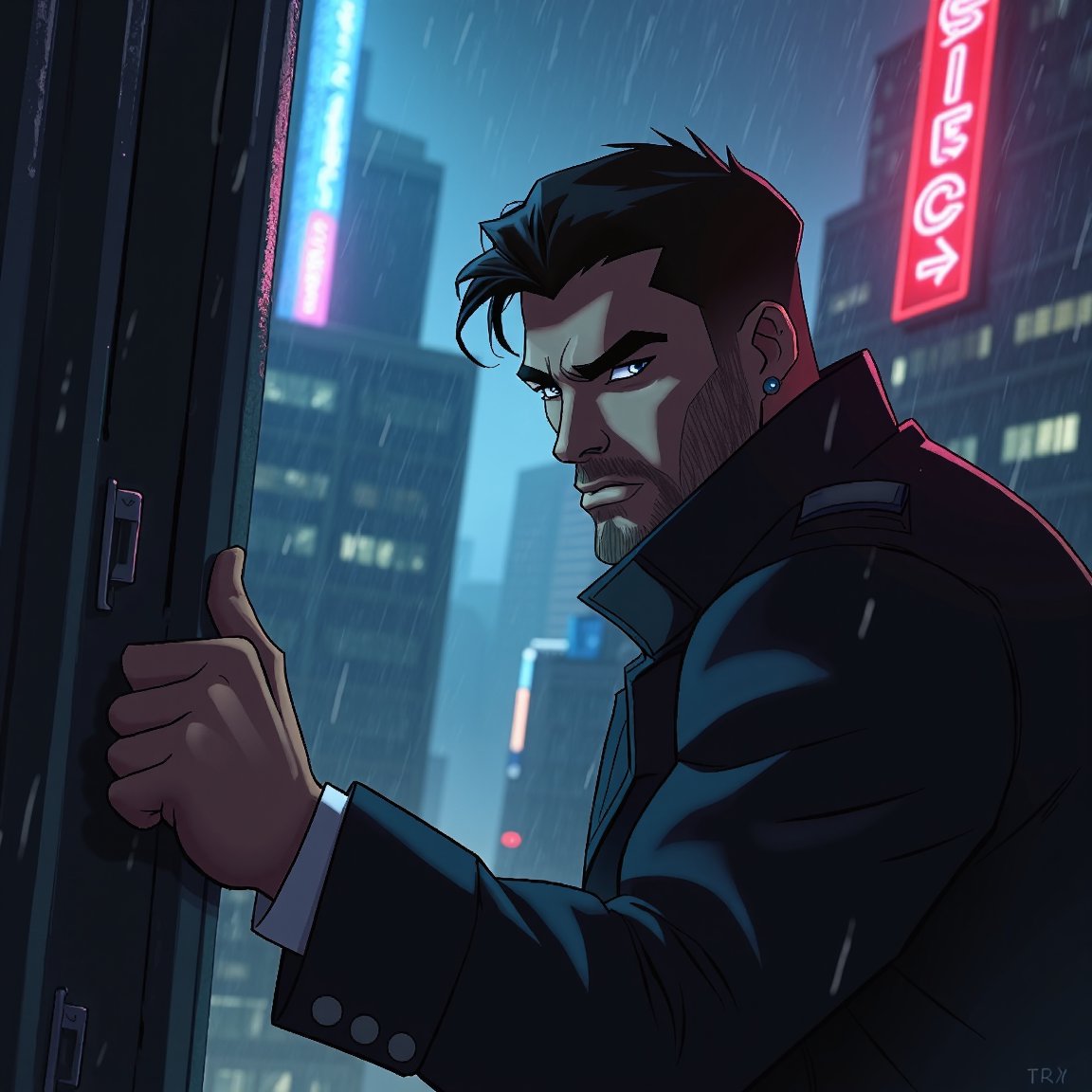 cartoon-style, mid-shot of a male superhero detective with dark stubble and a rough expression, gripping the edge of a rain-soaked building ledge, looking down at the crime scene below. He’s in a dark trench coat, his smooth skin barely lit by the distant glow of a neon sign. The fog obscures parts of the city behind him, creating a deep sense of mystery and danger. His eyes glow faintly from his tech-enhanced vision, ready to track down the villains lurking in the shadows. Dramatic lighting, dark noir colors, tense comic-style detective mood.,Mh1$AgThS2