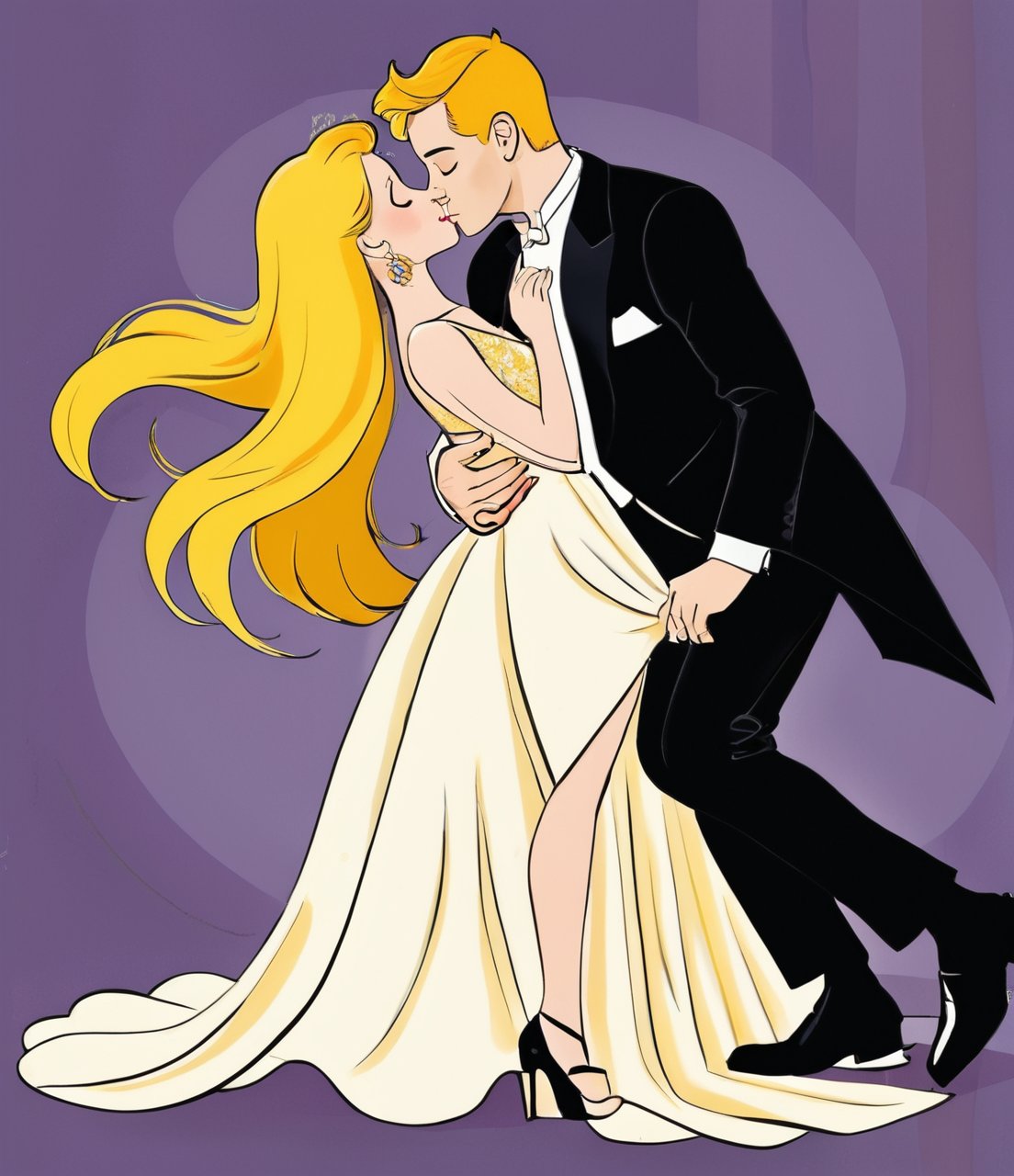 Cartoon, beautiful woman with yellow hair and handsome man are kissing, the girl is wearing a dress, she raised one leg, the boy is wearing a tuxedo, love is style