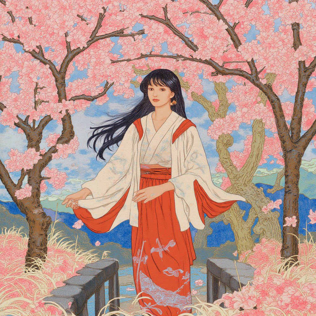 Young Japanese woman in a cherry blossom park,Bilibin_illustration,retro_anime,JamesJean,painting,illustration,surreal,vibrant,fantasy,dreamlike,whimsical,swirling colors,swirling patterns