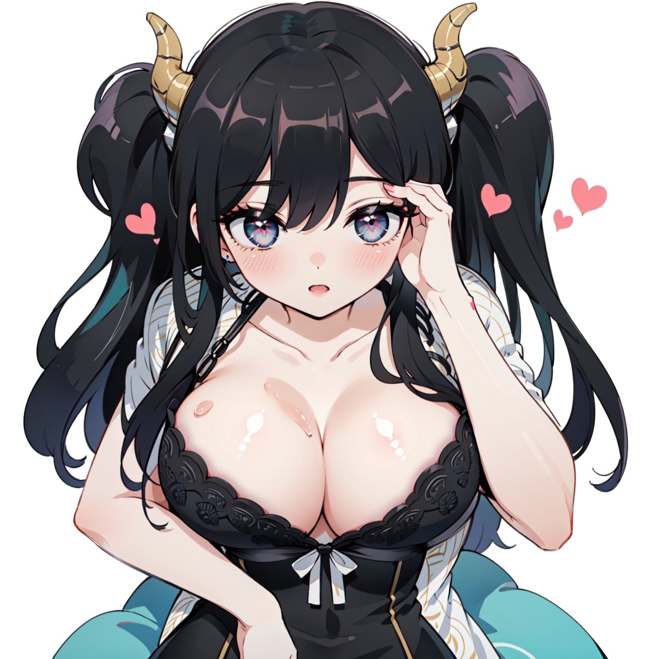 anime,  full body, big boobies, big breast, (masterpiece, best quality, highres:1.1), ultra resolution image, black hair, long hair, blush, (masterpiece, top quality, best quality, beautiful and aesthetic:1.2 ), extreme detailed, highest detailed, 1 girl,  cleavage, heart in eye, huge breasts, miniskirt, bra,Sexy Big Breast, horn outfit, Sheep's horn outfit, white background, in white space,AHE face