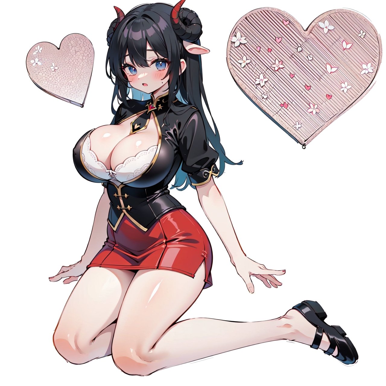 anime,  full body, big boobies, big breast, (masterpiece, best quality, highres:1.1), ultra resolution image, black hair, long hair, blush, (masterpiece, top quality, best quality, beautiful and aesthetic:1.2 ), extreme detailed, highest detailed, 1 girl,  cleavage, heart in eye, huge breasts, miniskirt, bra,Sexy Big Breast, horn outfit, Sheep's horn outfit, white background, in white space