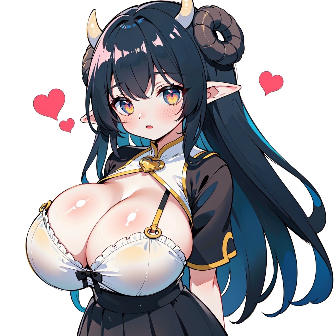 anime,  full body, big boobies, big breast, (masterpiece, best quality, highres:1.1), ultra resolution image, black hair, long hair, blush, (masterpiece, top quality, best quality, beautiful and aesthetic:1.2 ), extreme detailed, highest detailed, 1 girl,  cleavage, heart in eye, huge breasts, pleated-skirt, bra,Sexy Big Breast, horn outfit, Sheep's horn outfit, white background, in white space,YAMATO,cow print,Fairy ears, pointed ears