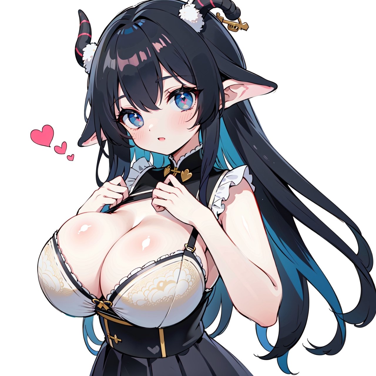 anime,  full body, big boobies, big breast, (masterpiece, best quality, highres:1.1), ultra resolution image, black hair, long hair, blush, (masterpiece, top quality, best quality, beautiful and aesthetic:1.2 ), extreme detailed, highest detailed, 1 girl,  cleavage, heart in eye, huge breasts, pleated-skirt, bra,Sexy Big Breast, horn outfit, Sheep's horn outfit, white background, in white space,YAMATO,cow print,Fairy ears, pointed ears