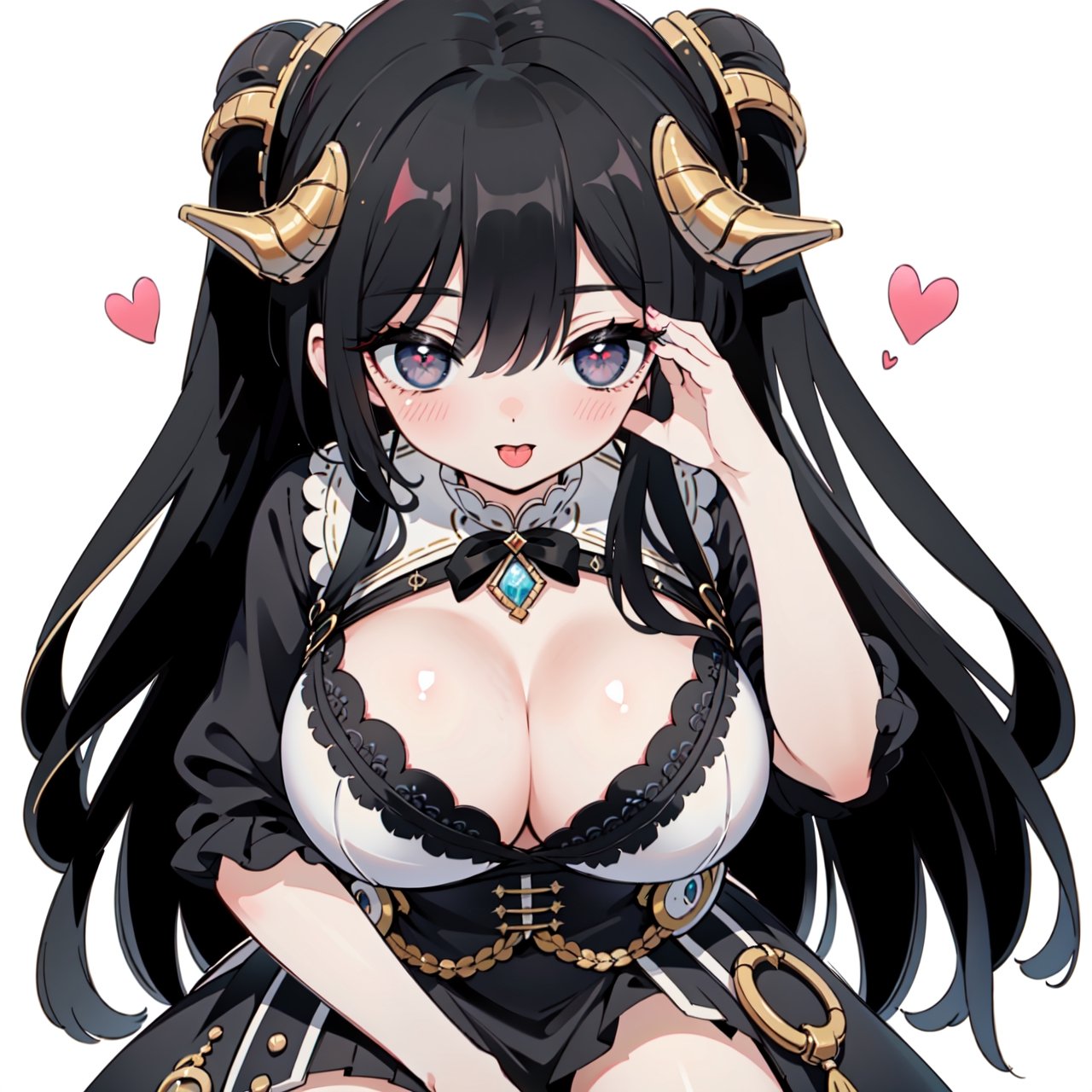 anime,  full body, big boobies, big breast, (masterpiece, best quality, highres:1.1), ultra resolution image, black hair, long hair, blush, (masterpiece, top quality, best quality, beautiful and aesthetic:1.2 ), extreme detailed, highest detailed, 1 girl,  cleavage, heart in eye, huge breasts, miniskirt, bra,Sexy Big Breast, horn outfit, Sheep's horn outfit, white background, in white space,stick out tongue