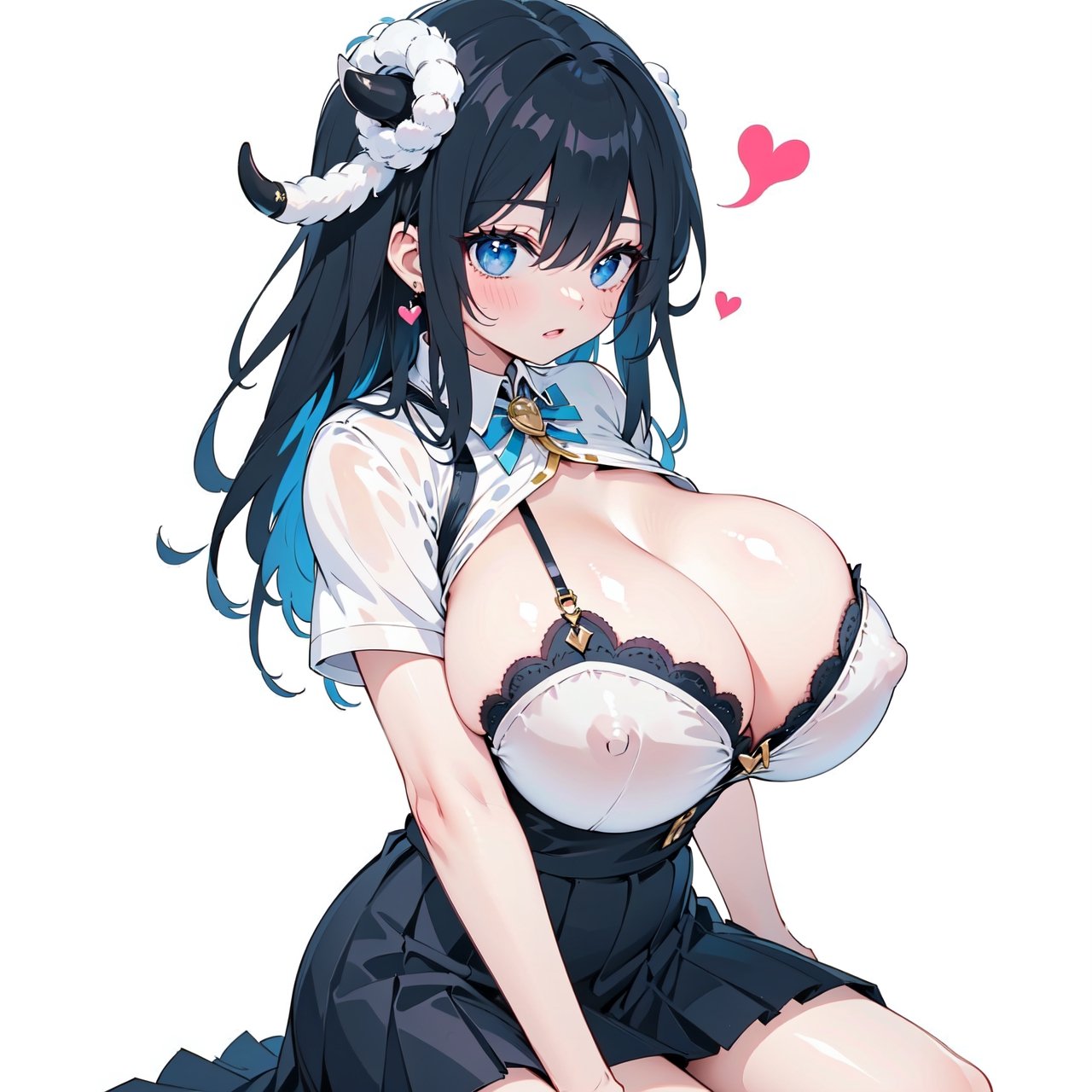 anime,  full body, big boobies, big breast, (masterpiece, best quality, highres:1.1), ultra resolution image, black hair, long hair, blush, (masterpiece, top quality, best quality, beautiful and aesthetic:1.2 ), extreme detailed, highest detailed, 1 girl,  cleavage, heart in eye, huge breasts, pleated-skirt, bra,Sexy Big Breast, horn outfit, Sheep's horn outfit, white background, in white space