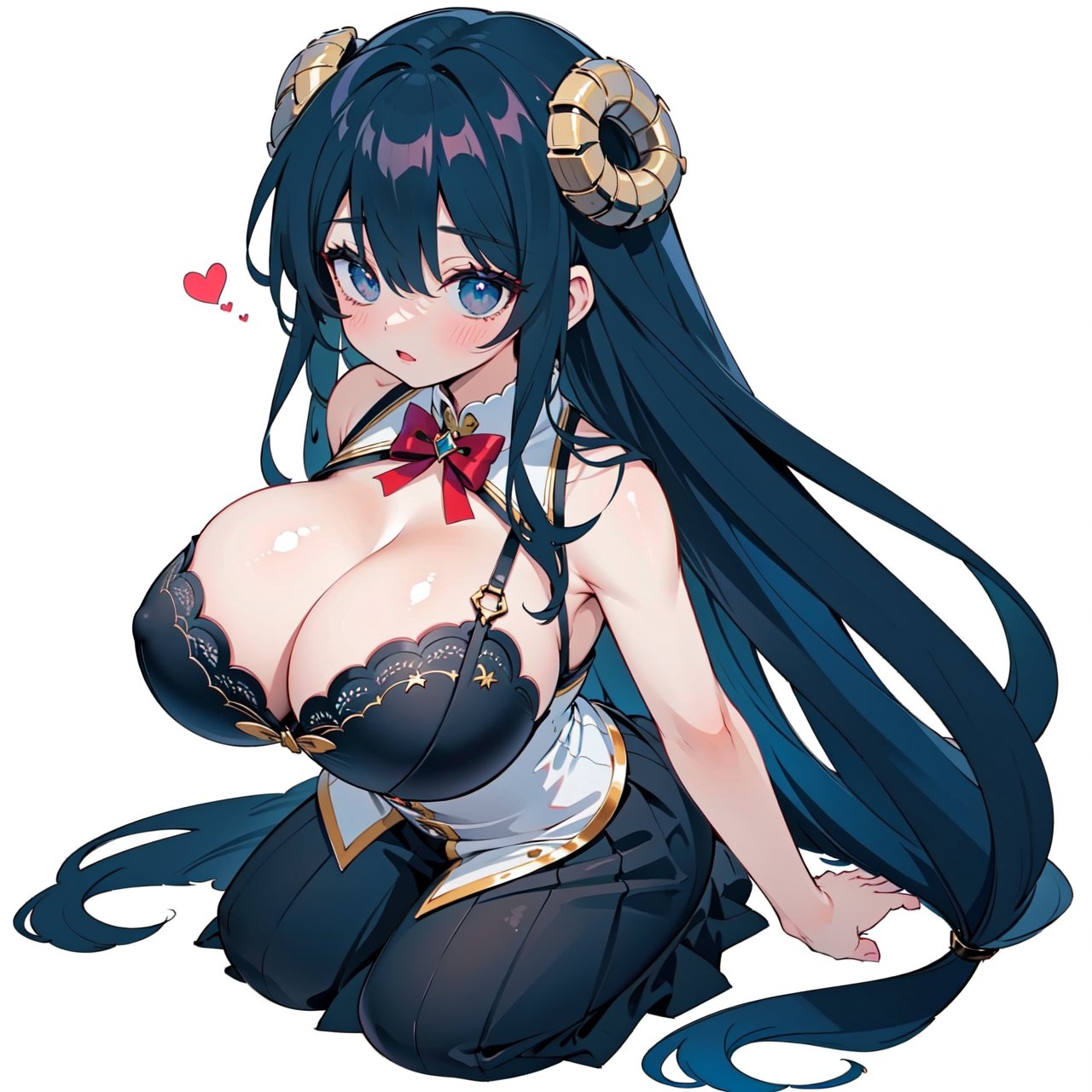 anime,  full body, big boobies, big breast, (masterpiece, best quality, highres:1.1), ultra resolution image, black hair, long hair, blush, (masterpiece, top quality, best quality, beautiful and aesthetic:1.2 ), extreme detailed, highest detailed, 1 girl,  cleavage, heart in eye, huge breasts, pleated-skirt, bra,Sexy Big Breast, horn outfit, Sheep's horn outfit, white background, in white space