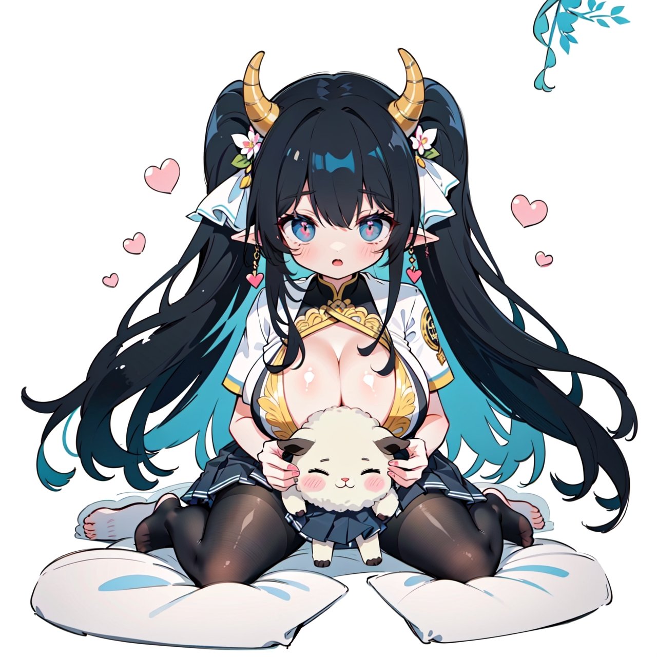 anime,  full body, big boobies, big breast, (masterpiece, best quality, highres:1.1), ultra resolution image, black hair, long hair, blush, (masterpiece, top quality, best quality, beautiful and aesthetic:1.2 ), extreme detailed, highest detailed, 1 girl,  cleavage, heart in eye, huge breasts, pleated-skirt, bra,Sexy Big Breast, horn outfit, Sheep's horn outfit, white background, in white space,YAMATO,cow print,Fairy ears, pointed ears