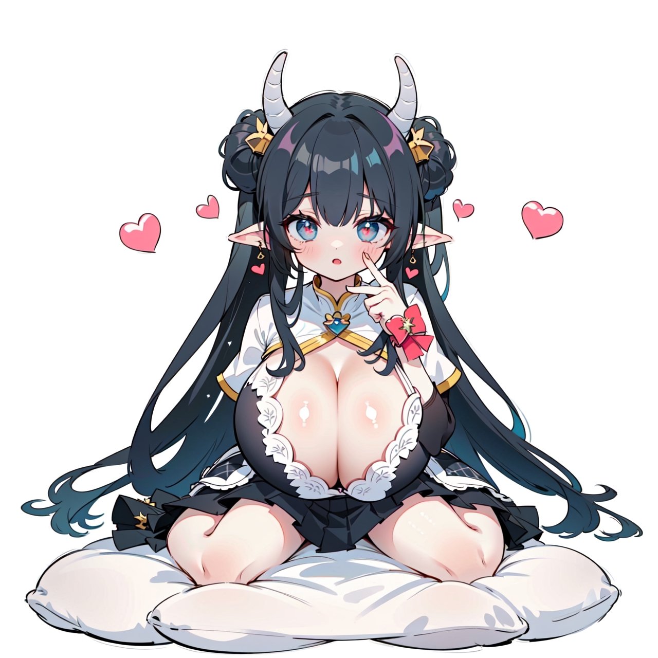 anime,  full body, big boobies, big breast, (masterpiece, best quality, highres:1.1), ultra resolution image, black hair, long hair, blush, (masterpiece, top quality, best quality, beautiful and aesthetic:1.2 ), extreme detailed, highest detailed, 1 girl,  cleavage, heart in eye, huge breasts, pleated-skirt, bra,Sexy Big Breast, horn outfit, Sheep's horn outfit, white background, in white space,YAMATO,cow print,Fairy ears, pointed ears