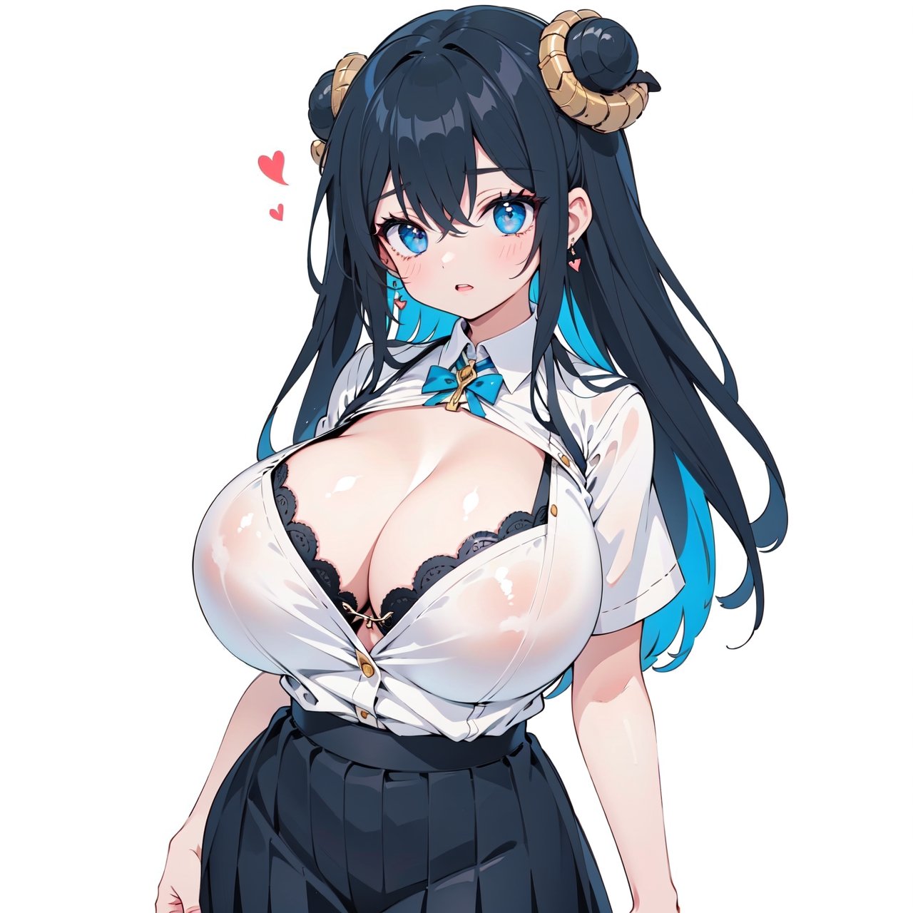 anime,  full body, big boobies, big breast, (masterpiece, best quality, highres:1.1), ultra resolution image, black hair, long hair, blush, (masterpiece, top quality, best quality, beautiful and aesthetic:1.2 ), extreme detailed, highest detailed, 1 girl,  cleavage, heart in eye, huge breasts, pleated-skirt, bra,Sexy Big Breast, horn outfit, Sheep's horn outfit, white background, in white space