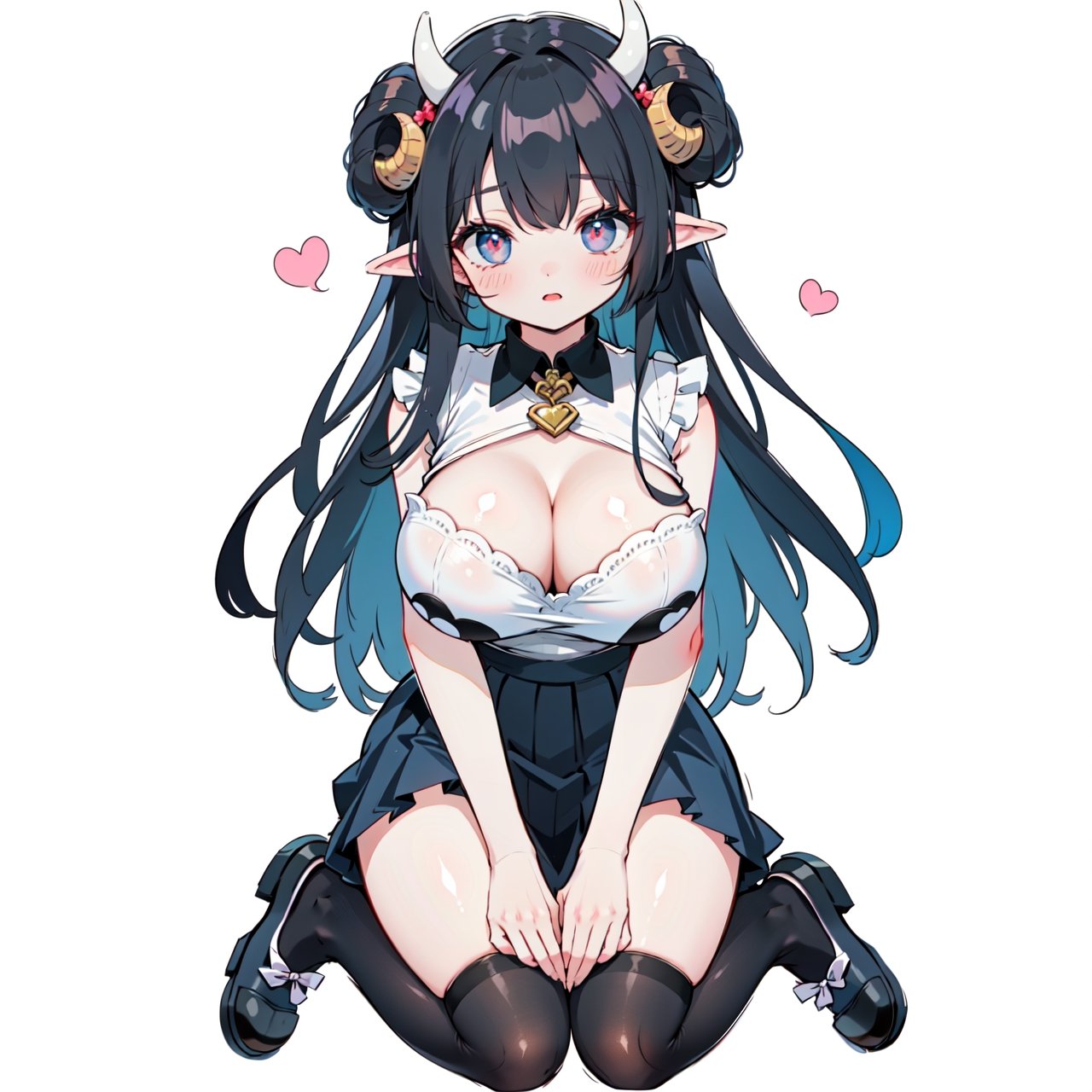 anime,  full body, big boobies, big breast, (masterpiece, best quality, highres:1.1), ultra resolution image, black hair, long hair, blush, (masterpiece, top quality, best quality, beautiful and aesthetic:1.2 ), extreme detailed, highest detailed, 1 girl,  cleavage, heart in eye, huge breasts, pleated-skirt, bra,Sexy Big Breast, horn outfit, Sheep's horn outfit, white background, in white space,YAMATO,cow print,Fairy ears, pointed ears