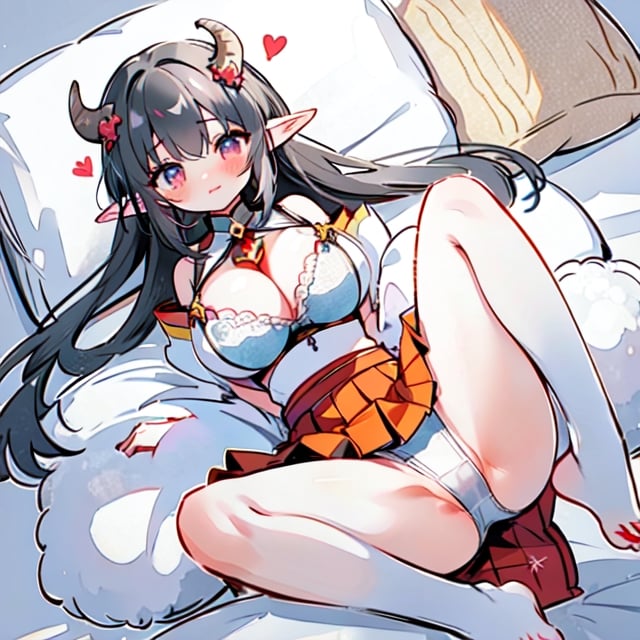 anime,  full body, big boobies, big breast, (masterpiece, best quality, highres:1.1), ultra resolution image, black hair, long hair, blush, (masterpiece, top quality, best quality, beautiful and aesthetic:1.2 ), extreme detailed, highest detailed, 1 girl,  cleavage, heart in eye, huge breasts, pleated-skirt, bra,Sexy Big Breast, horn outfit, Sheep's horn outfit, white background, in white space,YAMATO,cow print,Fairy ears, pointed ears